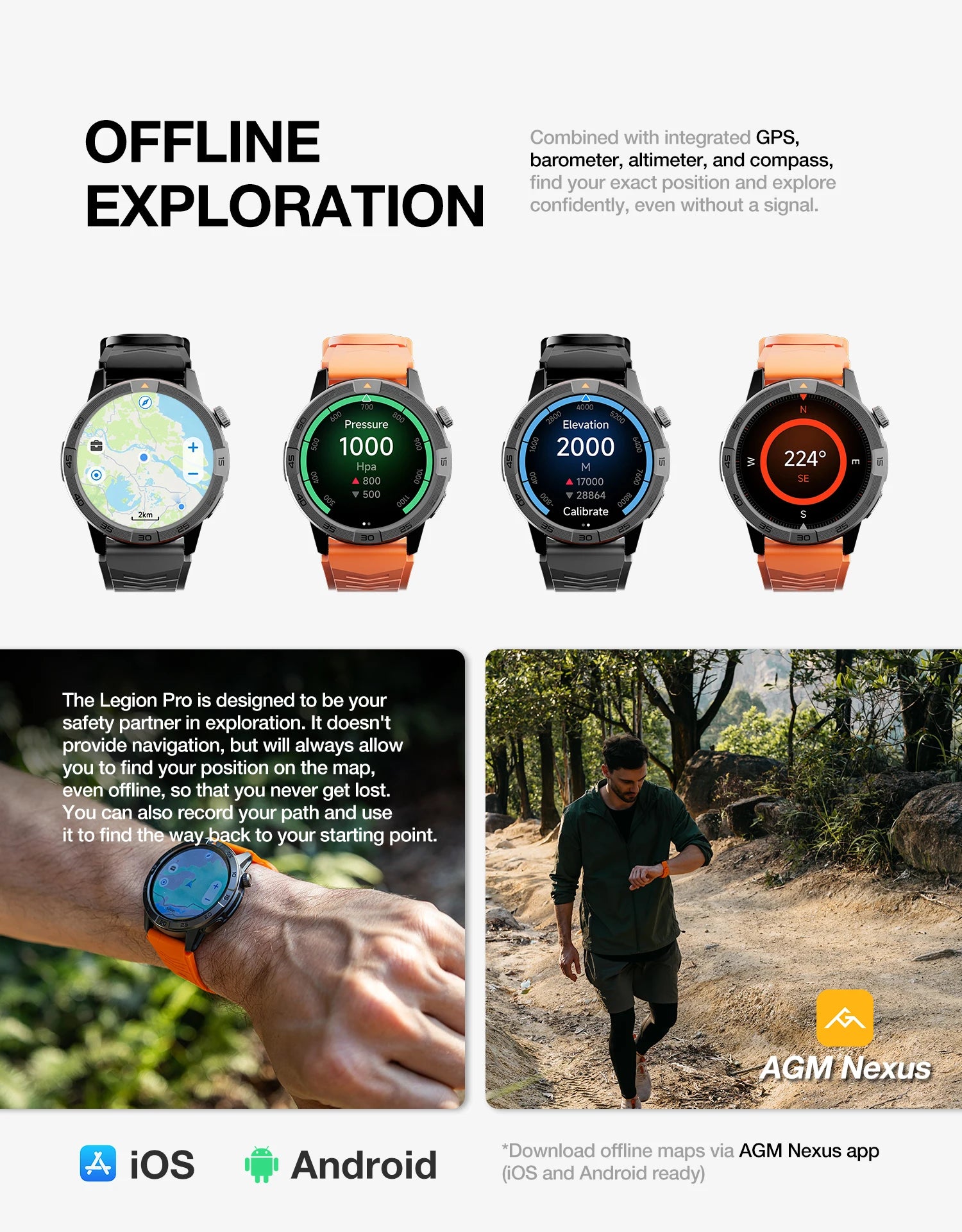 L'AGM Montre GPS Legion Pro est dotée d'un écran rond AMOLED de 1,43 pouce affichant l'heure, la date, la météo, le nombre de pas et la fréquence cardiaque. Elle est dotée d'un bracelet noir, d'une lunette métallique et est étanche 5ATM/IP68 pour un style moderne.