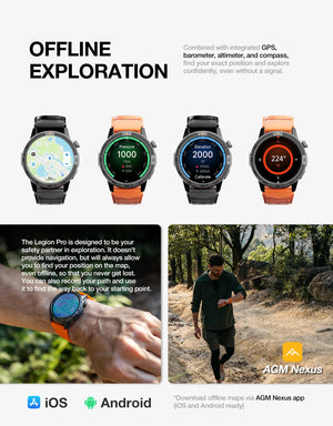 L'AGM Montre GPS Legion Pro est dotée d'un écran rond AMOLED de 1,43 pouce affichant l'heure, la date, la météo, le nombre de pas et la fréquence cardiaque. Elle est dotée d'un bracelet noir, d'une lunette métallique et est étanche 5ATM/IP68 pour un style moderne.
