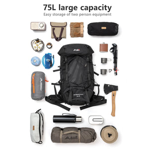 Le BISINNA Sac à dos de trekking 70L (B042), 1,58 kg avec housse de pluie, comporte de multiples compartiments, des poches latérales en filet, des bretelles réglables et une poche frontale zippée.