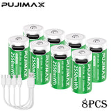 Lot de 8 piles lithium-ion PUJIMAX 3 V CR123A avec câble USB-C, idéales pour les lampes frontales et les équipements de plein air.