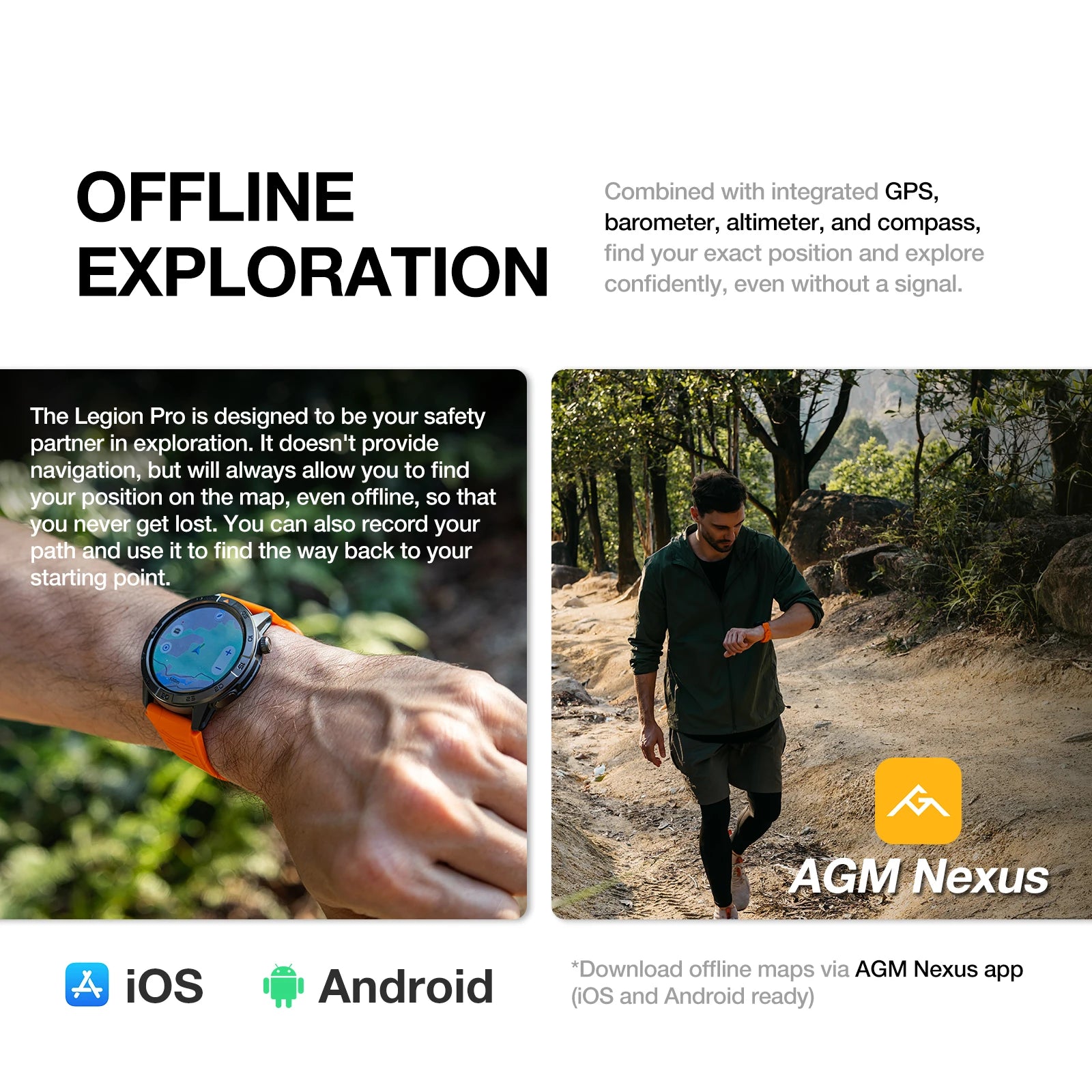 L'AGM Montre GPS Legion Pro est dotée d'un écran rond AMOLED de 1,43 pouce affichant l'heure, la date, la météo, le nombre de pas et la fréquence cardiaque. Elle est dotée d'un bracelet noir, d'une lunette métallique et est étanche 5ATM/IP68 pour un style moderne.