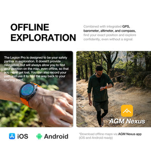 L'AGM Montre GPS Legion Pro est dotée d'un écran rond AMOLED de 1,43 pouce affichant l'heure, la date, la météo, le nombre de pas et la fréquence cardiaque. Elle est dotée d'un bracelet noir, d'une lunette métallique et est étanche 5ATM/IP68 pour un style moderne.