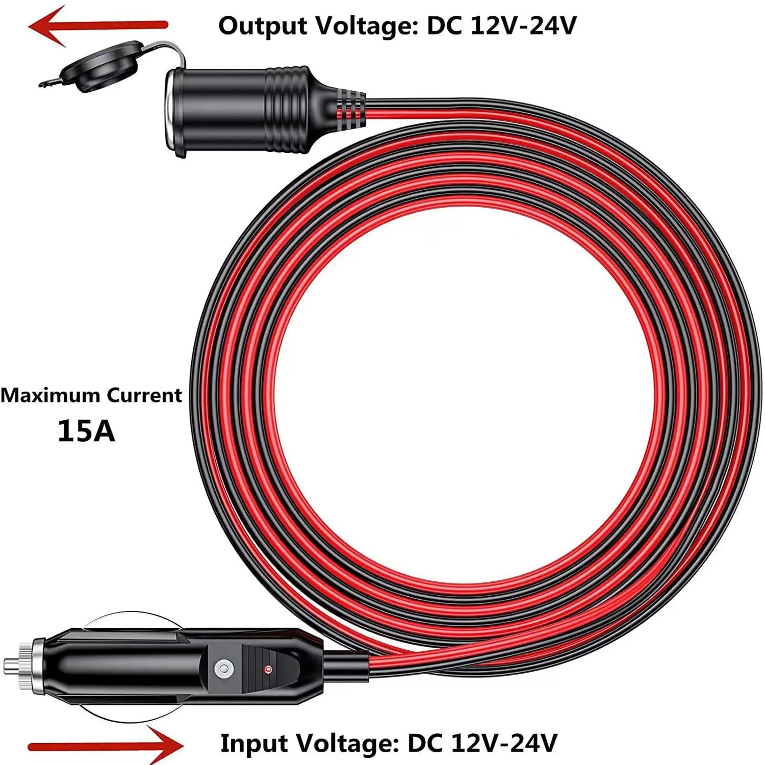 Rallonge pour allume-cigare de voiture 12 V/24 V 47 Outdoor, câble spiralé rouge et noir, prise de sécurité, idéale pour le camping.