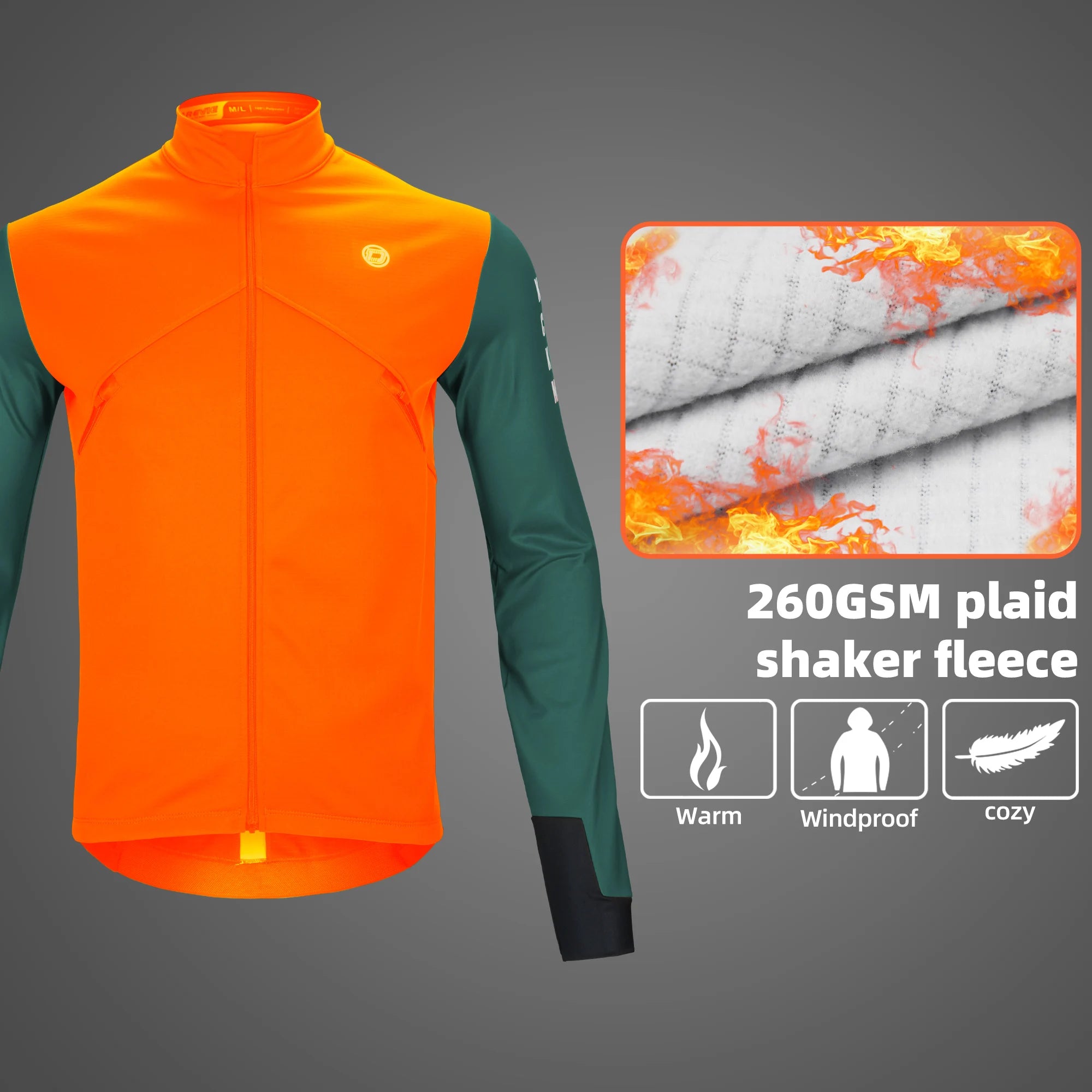 Trois vestes DAREVIE "Veste de cyclisme & coupe-vent polaire manches longues pour homme DVJ330" de différentes couleurs sont présentées, avec un graphique enflammé sur une manche illustrant la chaleur et la rétention de la chaleur de la conception.