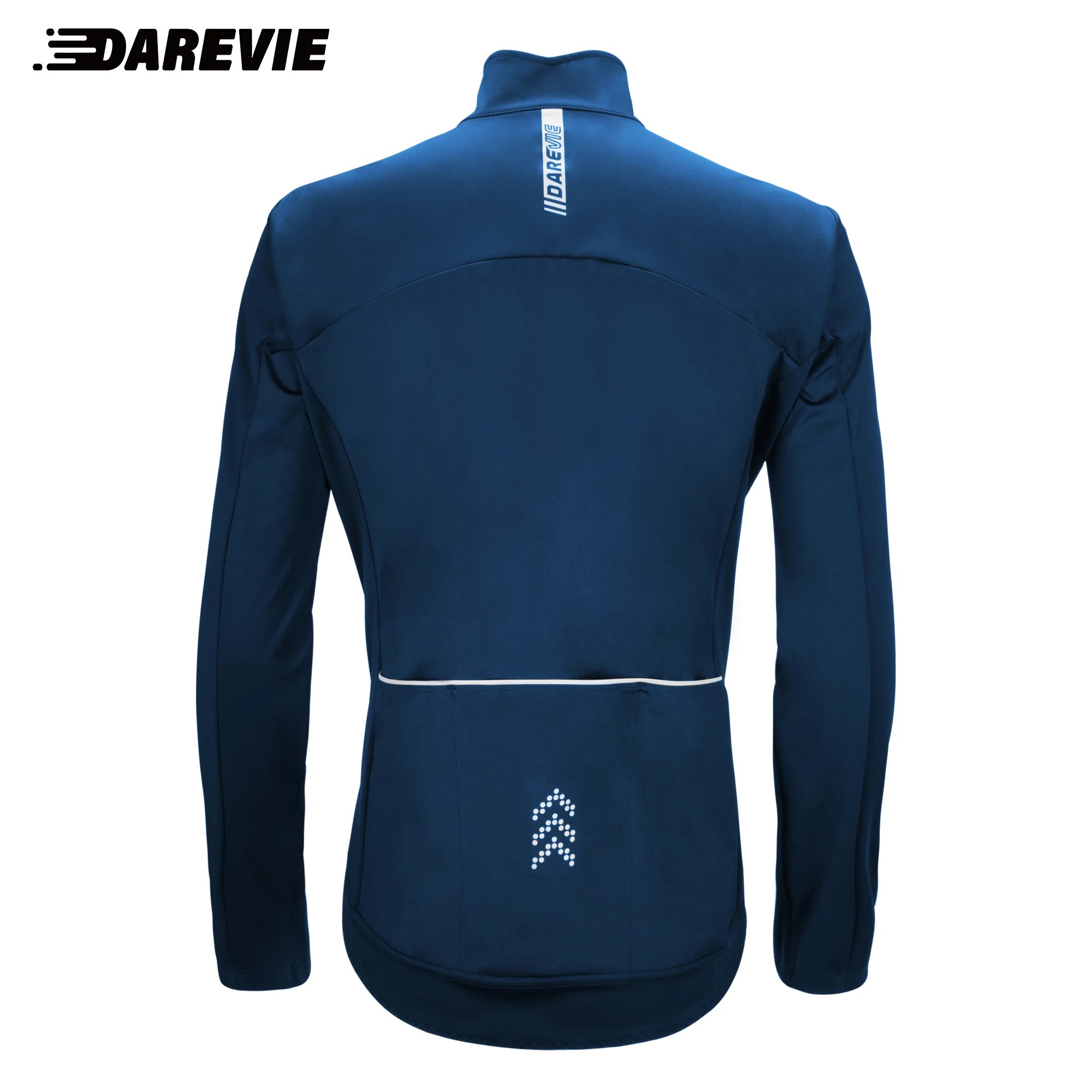 Deux DAREVIE Veste de cyclisme d'hiver en polaire thermique résistante à l'eau (DVJ229), l'une bleue et l'autre noire, sont présentées avec un gros plan de la double fermeture éclair et un logo réfléchissant "DAREVIE" dans le coin supérieur gauche. Pour températures de -5 à 10°C.