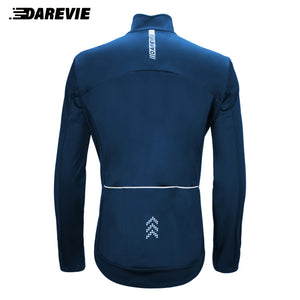 Deux DAREVIE Veste de cyclisme d'hiver en polaire thermique résistante à l'eau (DVJ229), l'une bleue et l'autre noire, sont présentées avec un gros plan de la double fermeture éclair et un logo réfléchissant "DAREVIE" dans le coin supérieur gauche. Pour températures de -5 à 10°C.