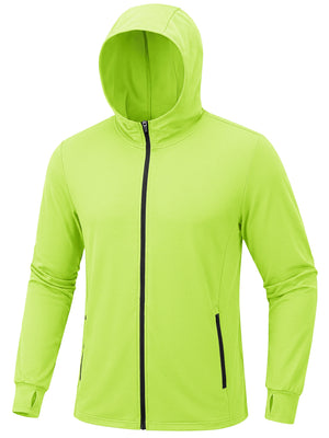 Veste de protection solaire UPF 50+ pour homme Planète Rando HOD, vert fluo, manches longues et poches zippées noires, fond blanc.