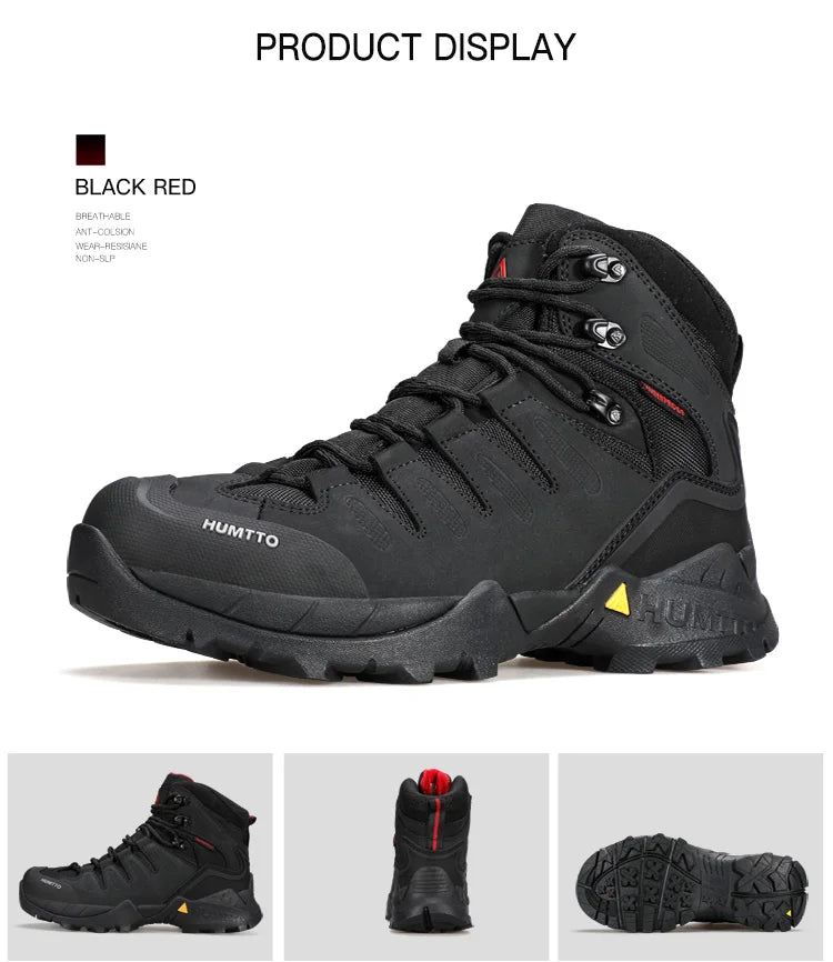 A single Humtto Chaussure de randonnée high-top "HT-250290A", vert et noir, en cuir véritable, avec lacets noirs et semelle antidérapante splash-proof, est présentée en vue latérale.