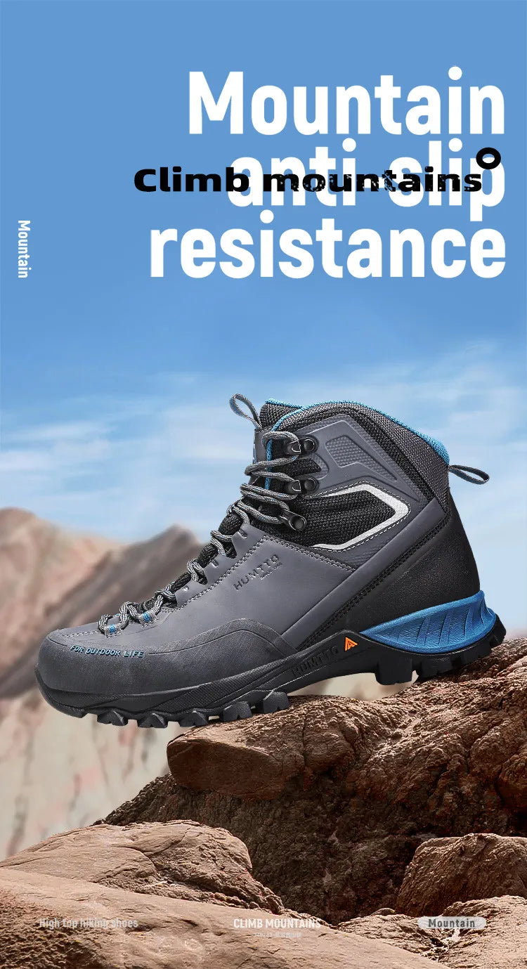 Humtto "HT-240783A" chaussures de randonnée high-top 100% imperméables pour homme, avec semelle robuste, empiècements en mesh et bout renforcé, exposées sur fond blanc. Logo Humtto en haut à gauche.