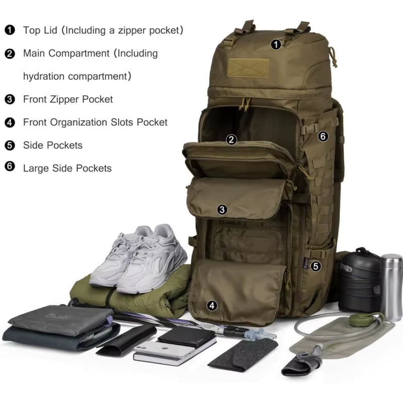 Sac à dos tactique Spanker Excellente Elite de 75 L en polyester kaki, 6 compartiments ouverts pouvant accueillir des chaussures, une gourde et divers accessoires.