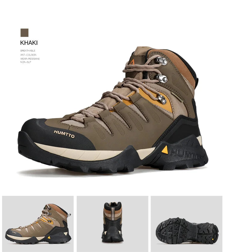 A single Humtto Chaussure de randonnée high-top "HT-250290A", vert et noir, en cuir véritable, avec lacets noirs et semelle antidérapante splash-proof, est présentée en vue latérale.