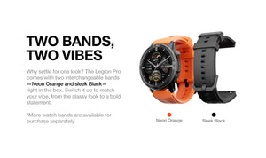 L'AGM Montre GPS Legion Pro est dotée d'un écran rond AMOLED de 1,43 pouce affichant l'heure, la date, la météo, le nombre de pas et la fréquence cardiaque. Elle est dotée d'un bracelet noir, d'une lunette métallique et est étanche 5ATM/IP68 pour un style moderne.