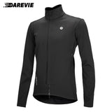 Deux DAREVIE Veste de cyclisme d'hiver en polaire thermique résistante à l'eau (DVJ229), l'une bleue et l'autre noire, sont présentées avec un gros plan de la double fermeture éclair et un logo réfléchissant "DAREVIE" dans le coin supérieur gauche. Pour températures de -5 à 10°C.