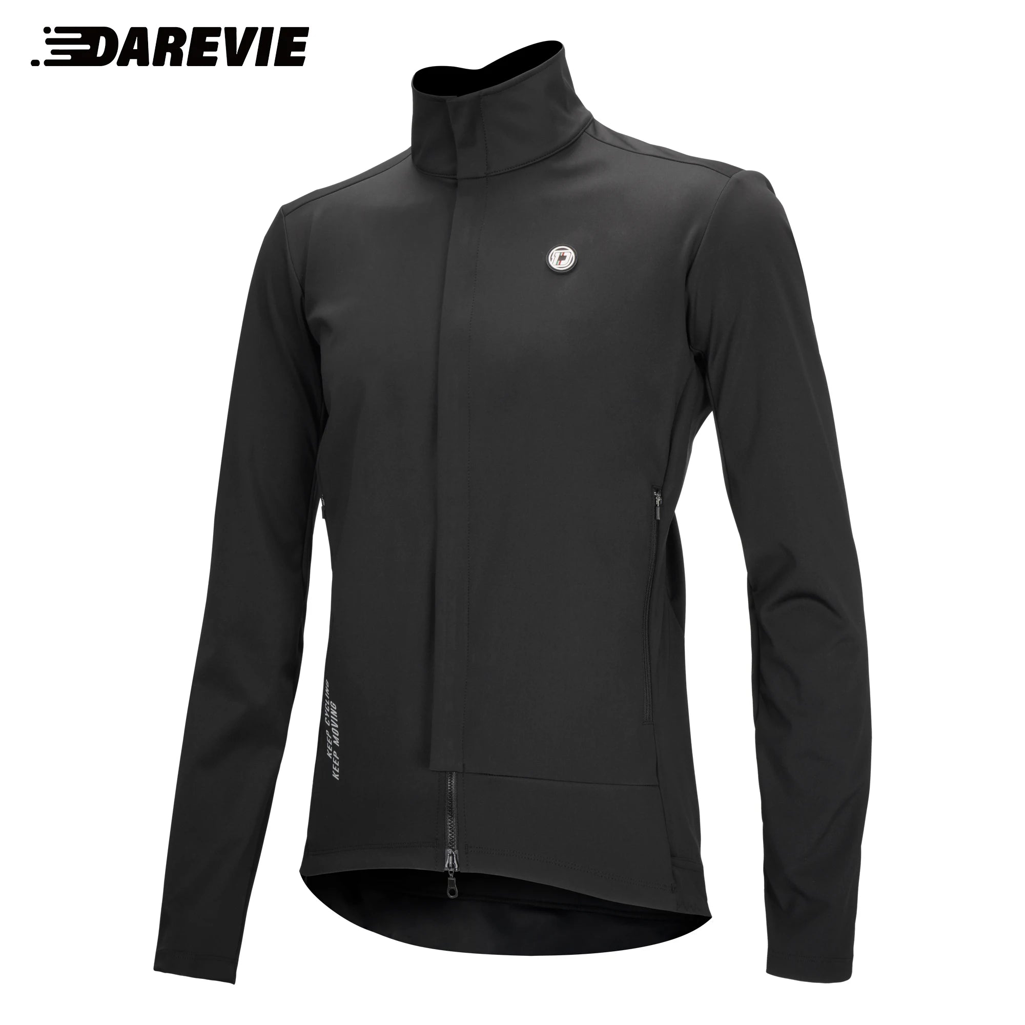 Deux DAREVIE Veste de cyclisme d'hiver en polaire thermique résistante à l'eau (DVJ229), l'une bleue et l'autre noire, sont présentées avec un gros plan de la double fermeture éclair et un logo réfléchissant "DAREVIE" dans le coin supérieur gauche. Pour températures de -5 à 10°C.