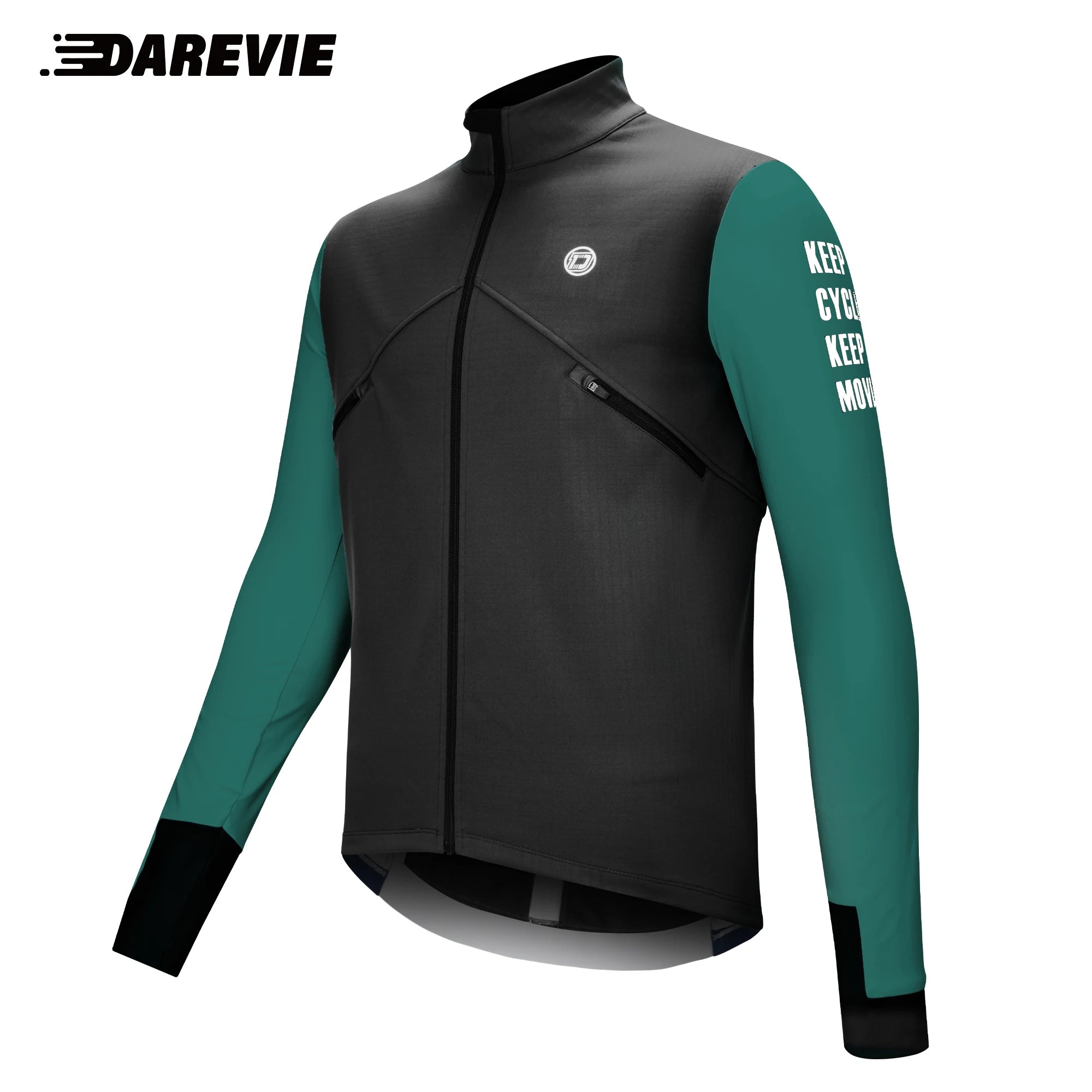 Trois vestes DAREVIE "Veste de cyclisme & coupe-vent polaire manches longues pour homme DVJ330" de différentes couleurs sont présentées, avec un graphique enflammé sur une manche illustrant la chaleur et la rétention de la chaleur de la conception.