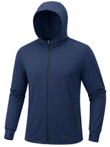 Sweat à capuche bleu marine pour homme UPF 50+ Planète Rando avec fermeture éclair, poches latérales, protection anti-UV, fond blanc.