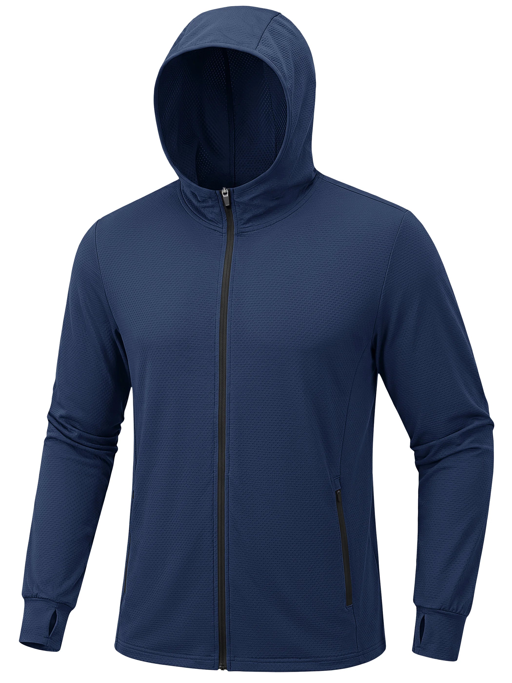 Sweat à capuche bleu marine pour homme UPF 50+ Planète Rando avec fermeture éclair, poches latérales, protection anti-UV, fond blanc.