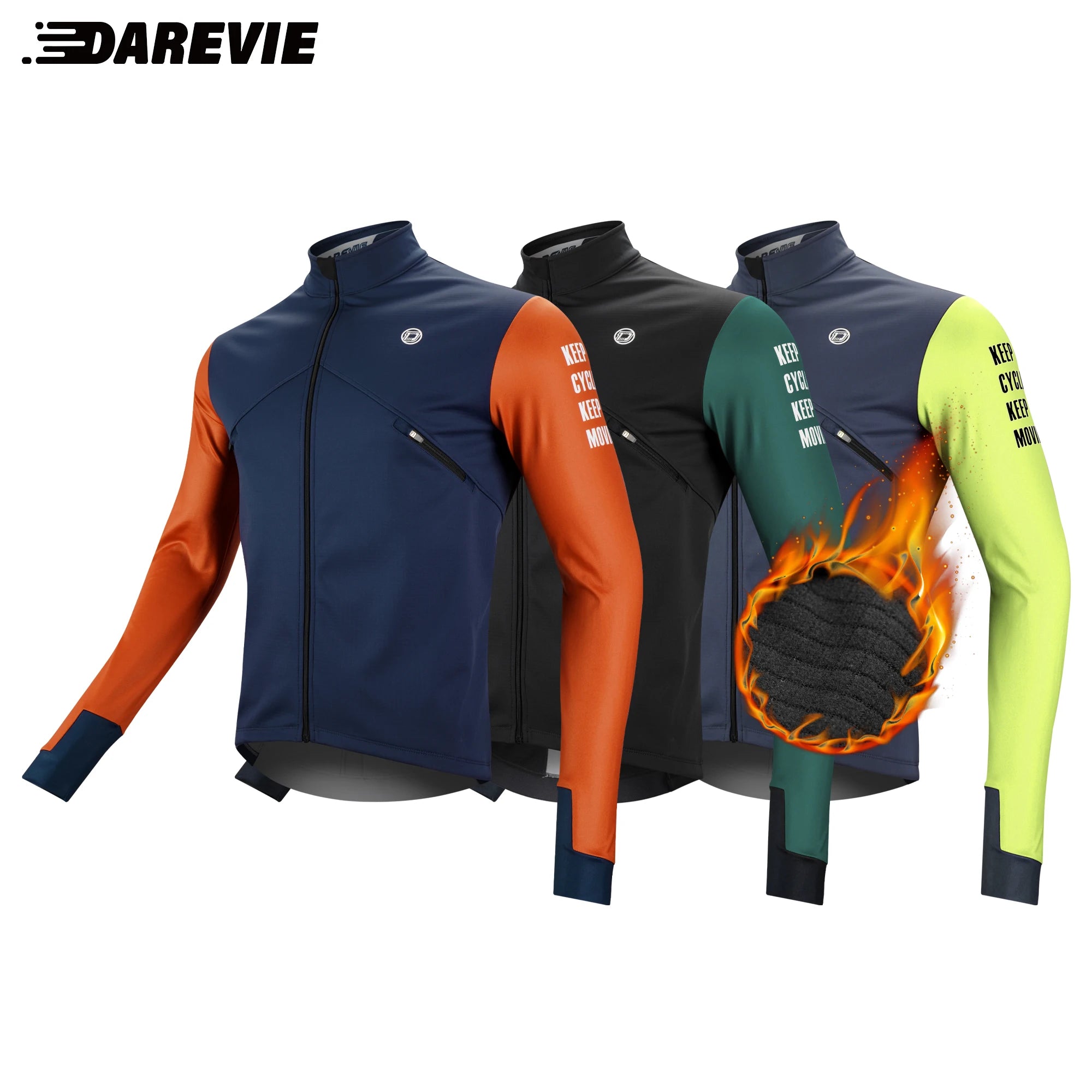 Trois vestes DAREVIE "Veste de cyclisme & coupe-vent polaire manches longues pour homme DVJ330" de différentes couleurs sont présentées, avec un graphique enflammé sur une manche illustrant la chaleur et la rétention de la chaleur de la conception.
