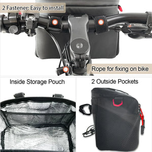 Sacoche de guidon isotherme Toptrek 4 L avec attaches, cordon, poche intérieure et deux poches extérieures pour la randonnée à vélo.