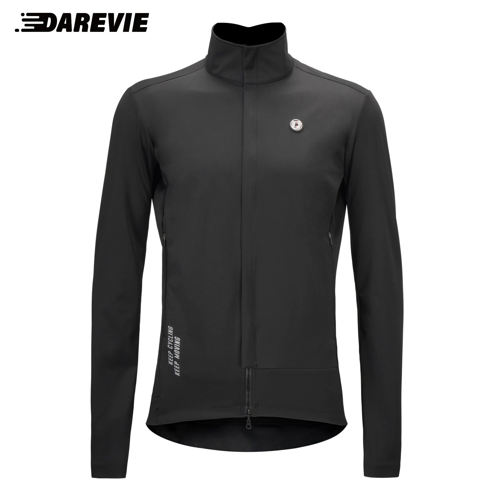 Deux DAREVIE Veste de cyclisme d'hiver en polaire thermique résistante à l'eau (DVJ229), l'une bleue et l'autre noire, sont présentées avec un gros plan de la double fermeture éclair et un logo réfléchissant "DAREVIE" dans le coin supérieur gauche. Pour températures de -5 à 10°C.