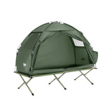 Le SoBuy Lit de camp hybride avec tente 3 en 1 pour 1 personne "OGS32-II" comprend une tente en polyester vert, des pieds en aluminium, une fenêtre latérale, une moustiquaire et une pochette de rangement.