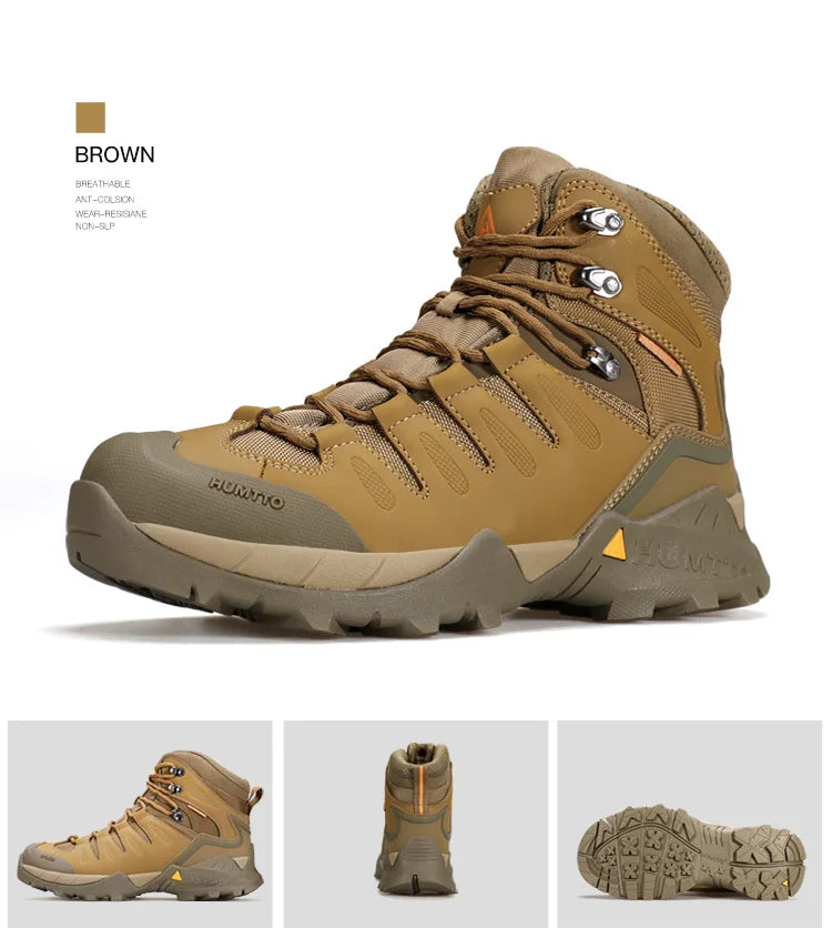 A single Humtto Chaussure de randonnée high-top "HT-250290A", vert et noir, en cuir véritable, avec lacets noirs et semelle antidérapante splash-proof, est présentée en vue latérale.