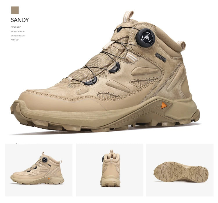 Le modèle Humtto "HUMTTO - HT-240351A" chaussures de randonnée mid-top pour homme, doté d'une protection contre les éclaboussures et d'une semelle robuste, est présenté incliné vers la droite sur un fond blanc.