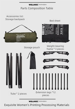 A Lit de camp 2 en 1 avec tente simple-paroi "Wellhike Minimalism - Yunchi SWS" de Wellhike Minimalism est installé sur l'herbe, avec des tables pliantes à proximité. Le texte "WELLHIKE minimalism" apparaît en bas de l'image.