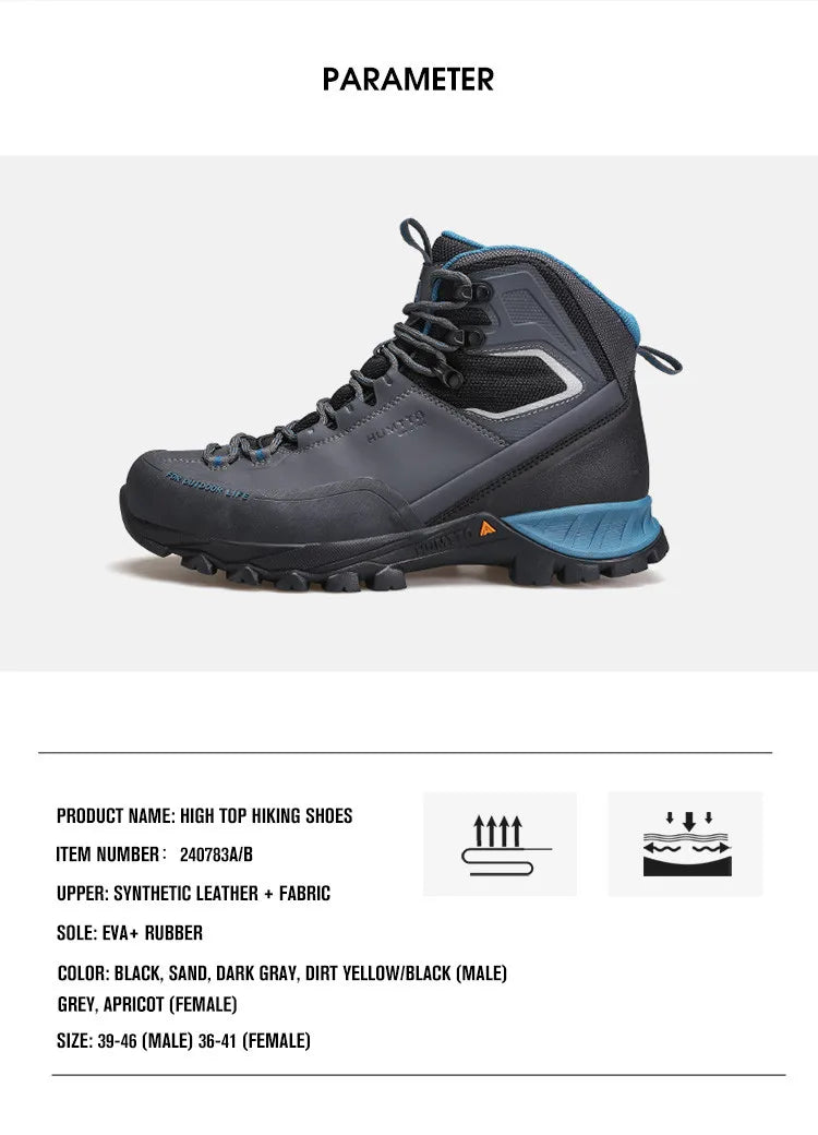 Humtto "HT-240783A" chaussures de randonnée high-top 100% imperméables pour homme, avec semelle robuste, empiècements en mesh et bout renforcé, exposées sur fond blanc. Logo Humtto en haut à gauche.