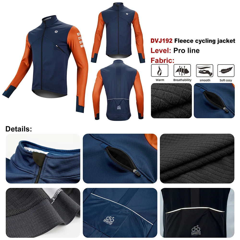 Trois vestes DAREVIE "Veste de cyclisme & coupe-vent polaire manches longues pour homme DVJ330" de différentes couleurs sont présentées, avec un graphique enflammé sur une manche illustrant la chaleur et la rétention de la chaleur de la conception.