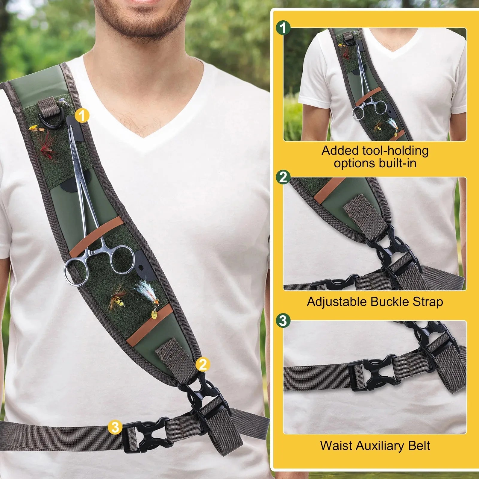 Le sac multifonction étanche IPX8 Goture - E11867 (13L) pour observation et pêche, doté de plusieurs compartiments, porte-gobelet, filet de pêche intégré, illustré sous divers angles avec silhouette pour référence.