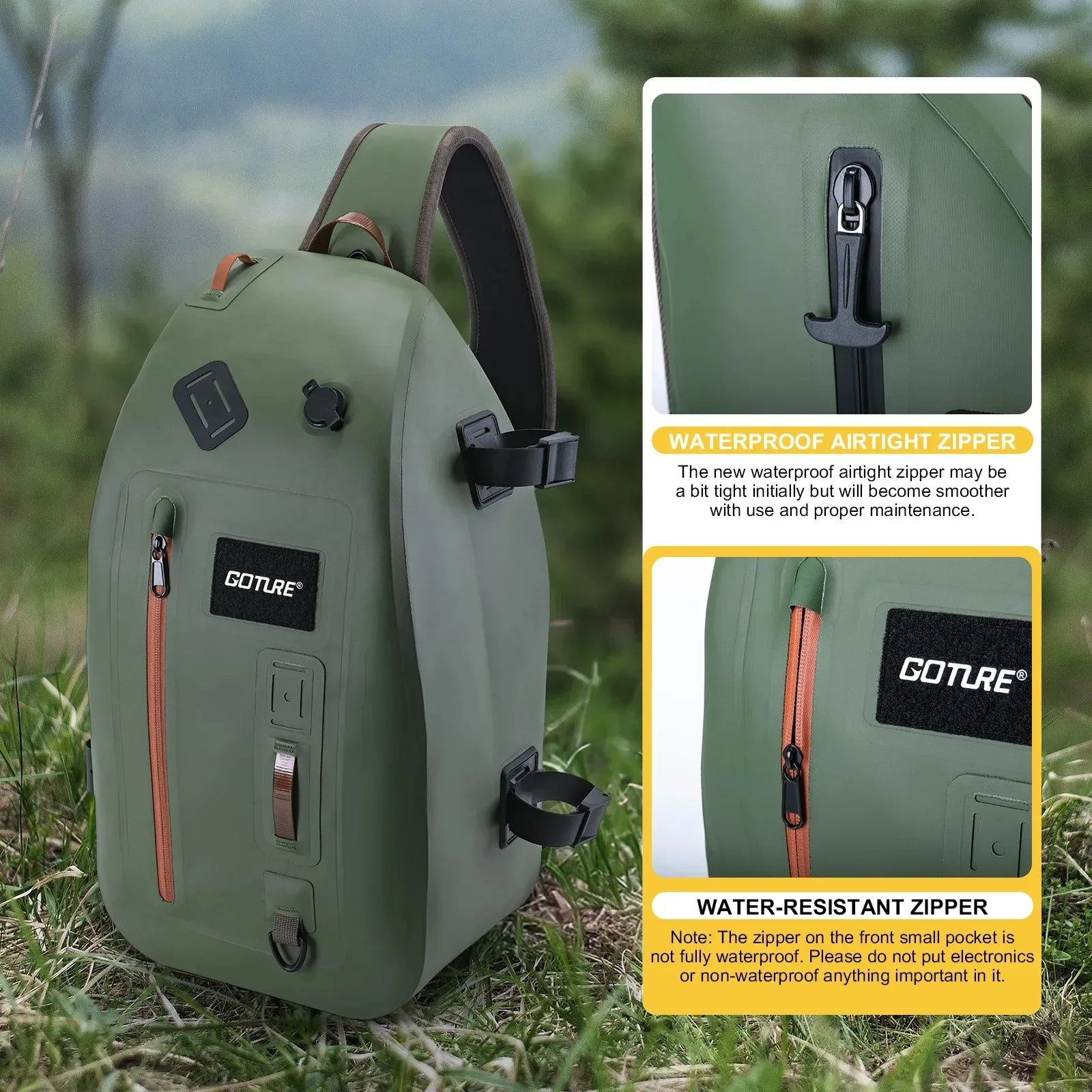 Le sac multifonction étanche IPX8 Goture - E11867 (13L) pour observation et pêche, doté de plusieurs compartiments, porte-gobelet, filet de pêche intégré, illustré sous divers angles avec silhouette pour référence.