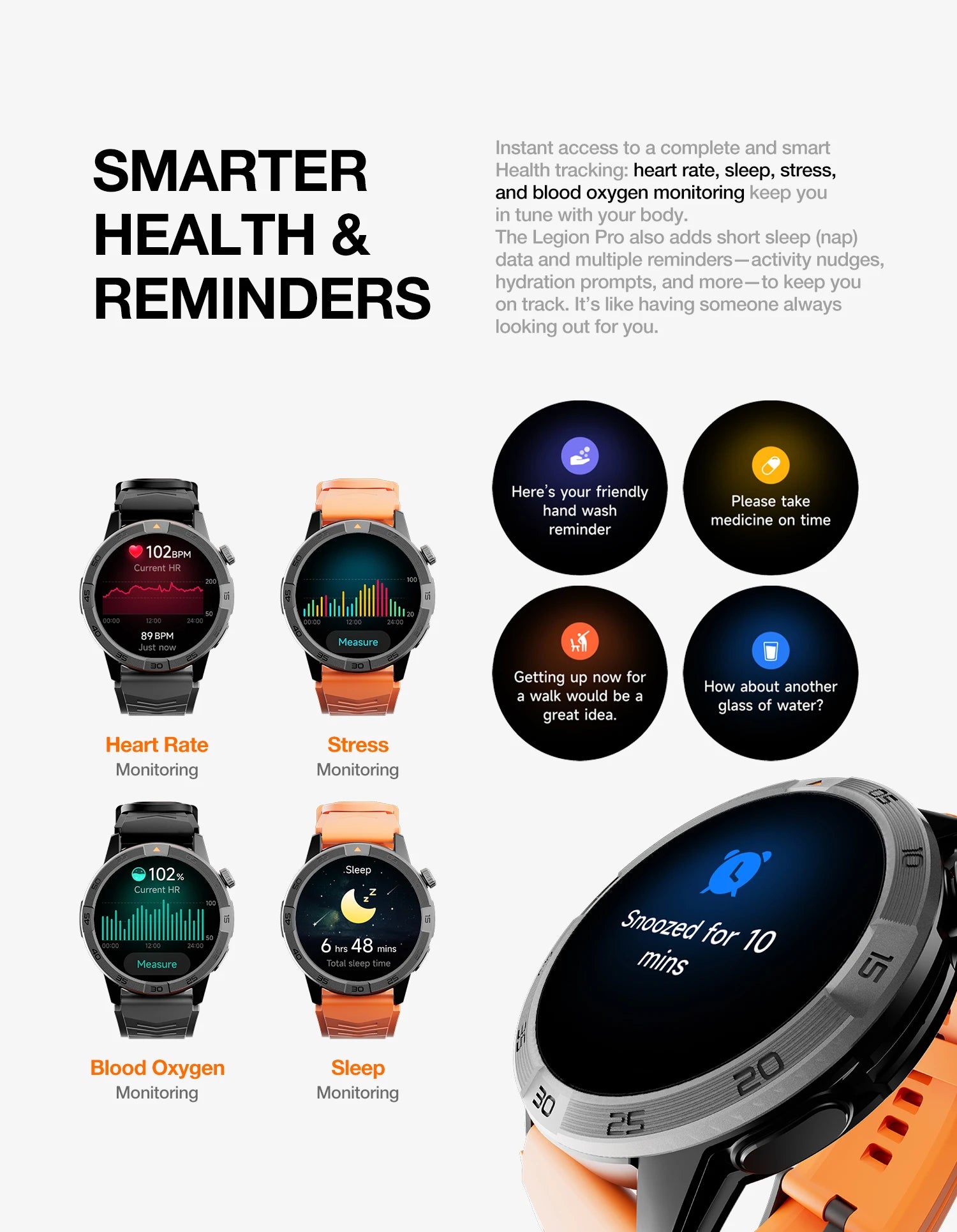L'AGM Montre GPS Legion Pro est dotée d'un écran rond AMOLED de 1,43 pouce affichant l'heure, la date, la météo, le nombre de pas et la fréquence cardiaque. Elle est dotée d'un bracelet noir, d'une lunette métallique et est étanche 5ATM/IP68 pour un style moderne.