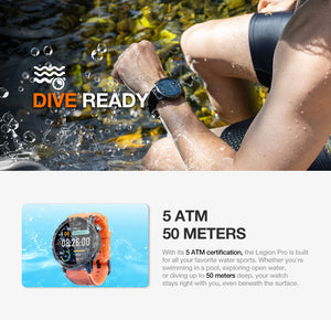 L'AGM Montre GPS Legion Pro est dotée d'un écran rond AMOLED de 1,43 pouce affichant l'heure, la date, la météo, le nombre de pas et la fréquence cardiaque. Elle est dotée d'un bracelet noir, d'une lunette métallique et est étanche 5ATM/IP68 pour un style moderne.