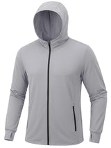 Veste à capuche pour homme gris clair UPF 50+ Planète Rando, à capuche, manches longues, poches, idéale pour la randonnée et la protection solaire.