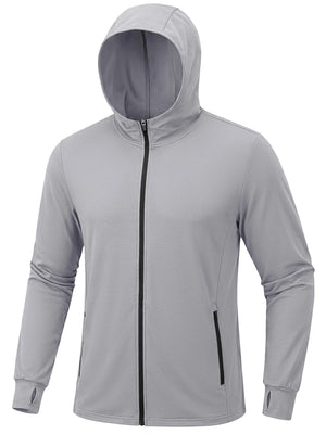 Veste à capuche pour homme gris clair UPF 50+ Planète Rando, à capuche, manches longues, poches, idéale pour la randonnée et la protection solaire.