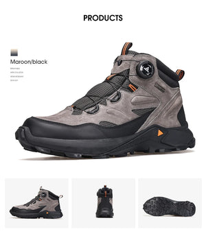 Le modèle Humtto "HUMTTO - HT-240351A" chaussures de randonnée mid-top pour homme, doté d'une protection contre les éclaboussures et d'une semelle robuste, est présenté incliné vers la droite sur un fond blanc.