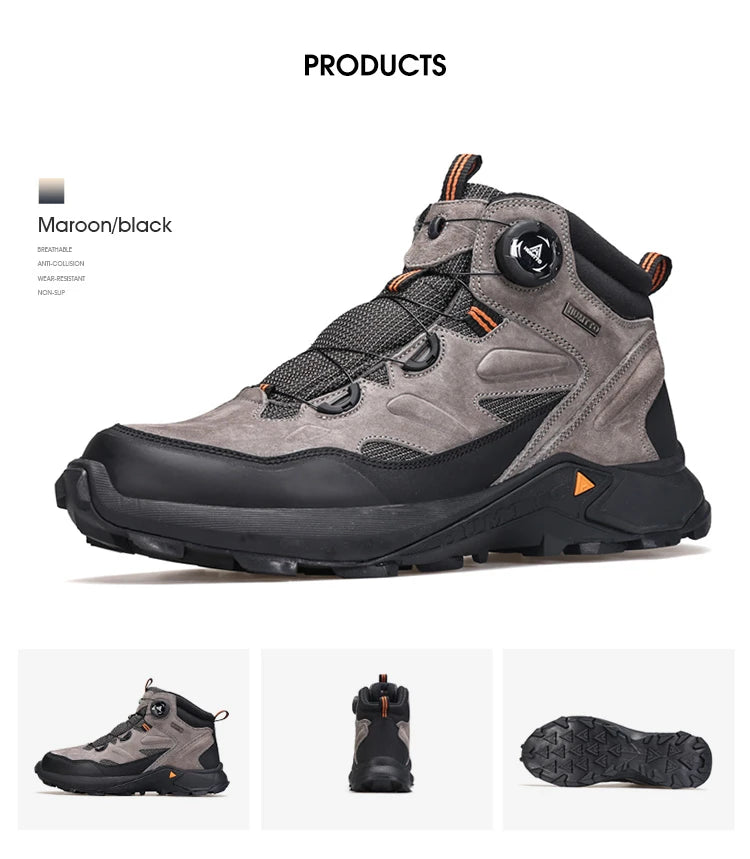 Le modèle Humtto "HUMTTO - HT-240351A" chaussures de randonnée mid-top pour homme, doté d'une protection contre les éclaboussures et d'une semelle robuste, est présenté incliné vers la droite sur un fond blanc.