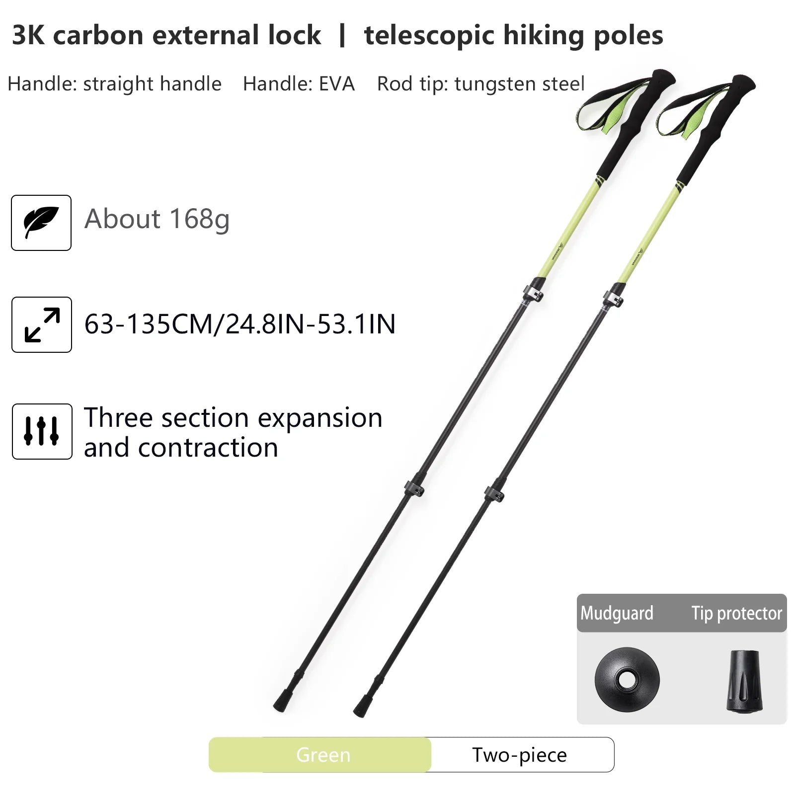Lot de 2 bâtons de randonnée 3 sections 100% fibres de carbone ultra-léger 335g la paire "BISINNA - DL023"