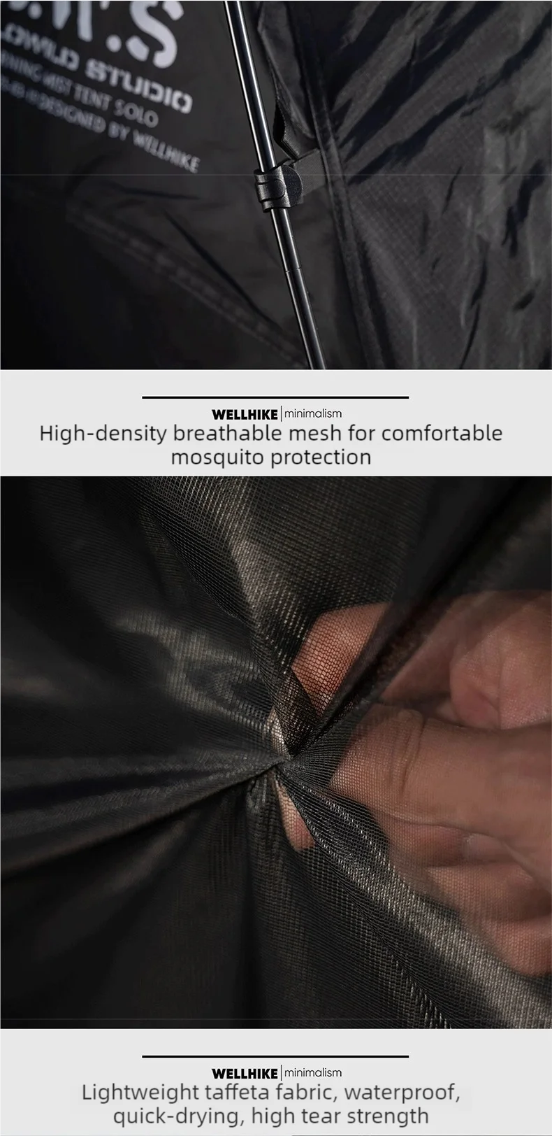 A Lit de camp 2 en 1 avec tente simple-paroi "Wellhike Minimalism - Yunchi SWS" de Wellhike Minimalism est installé sur l'herbe, avec des tables pliantes à proximité. Le texte "WELLHIKE minimalism" apparaît en bas de l'image.