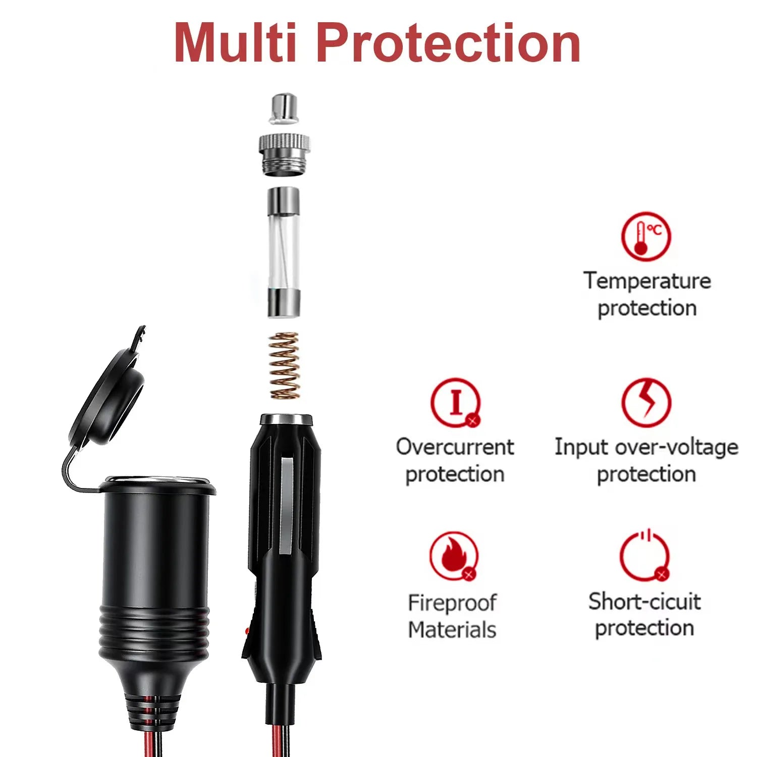 Vue éclatée de la rallonge pour allume-cigare de voiture 12 V/24 V « Planète Rando » avec protections, câble et adaptateur outdoor.