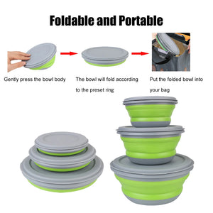 Boîte à déjeuner pliante, ensembles de bols en Silicone 3 pièces/ensemble, récipient alimentaire, ensemble de vaisselle, bol à salade pliable avec couvercle Portable Planète Rando