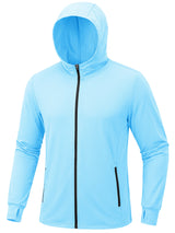 Veste de randonnée pour homme bleu clair à capuche Planète Rando UPF 50+, manches longues, poches zippées, fond blanc.