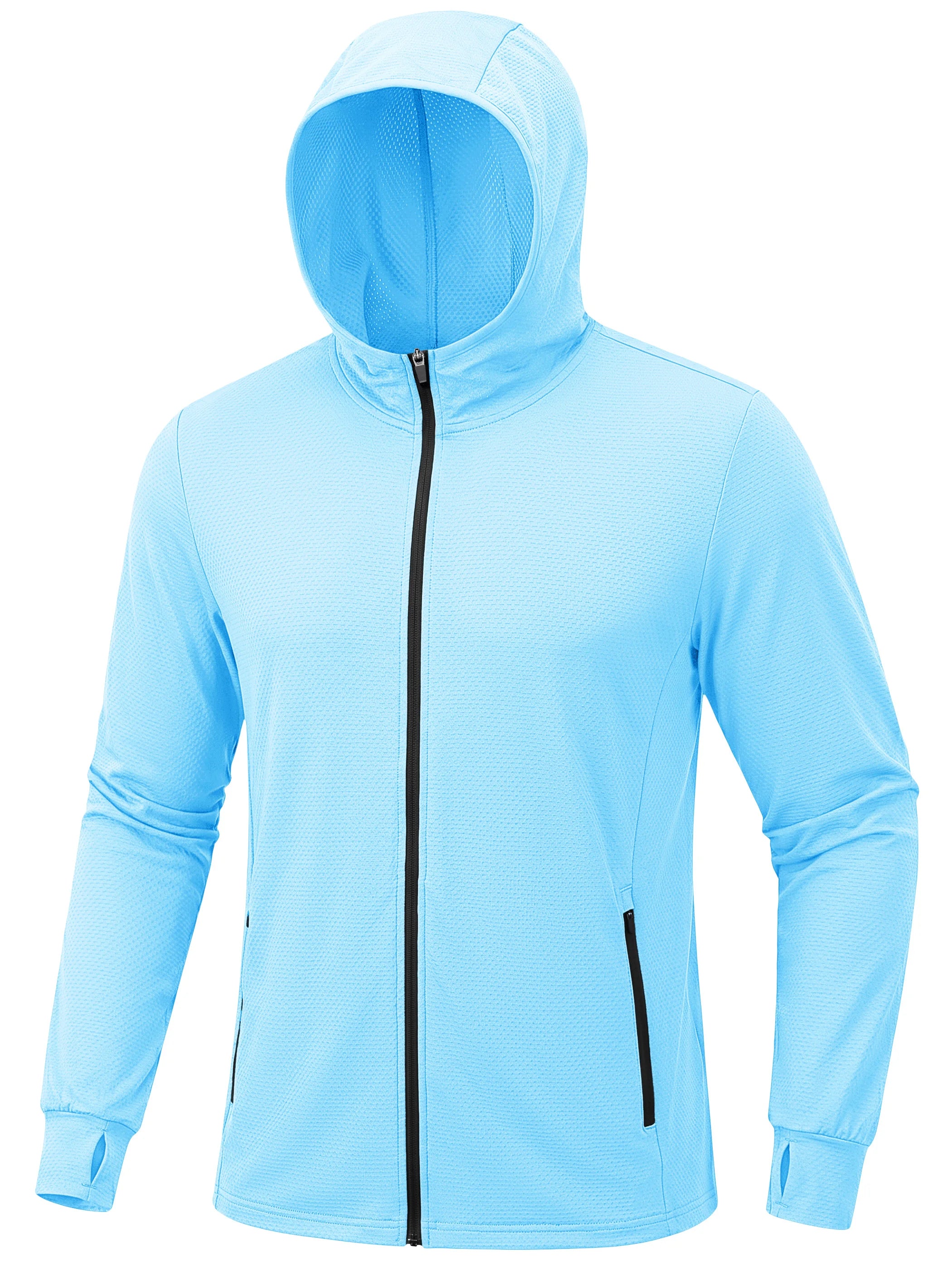 Veste de randonnée pour homme bleu clair à capuche Planète Rando UPF 50+, manches longues, poches zippées, fond blanc.
