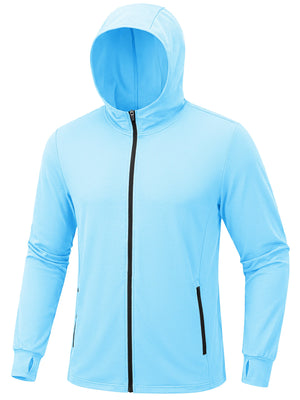 Veste de randonnée pour homme bleu clair à capuche Planète Rando UPF 50+, manches longues, poches zippées, fond blanc.