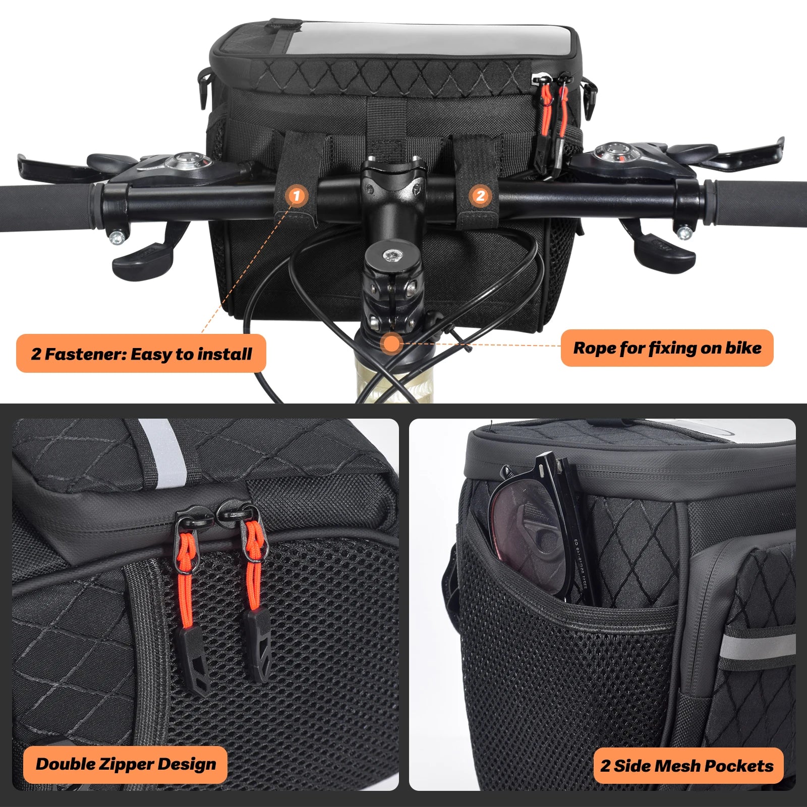 Sac avant de vélo New6L, multifonctionnel, grande capacité, panier de vélo isotherme avec écran tactile, accessoire de vélo multi-poches pour l'extérieur Planète Rando