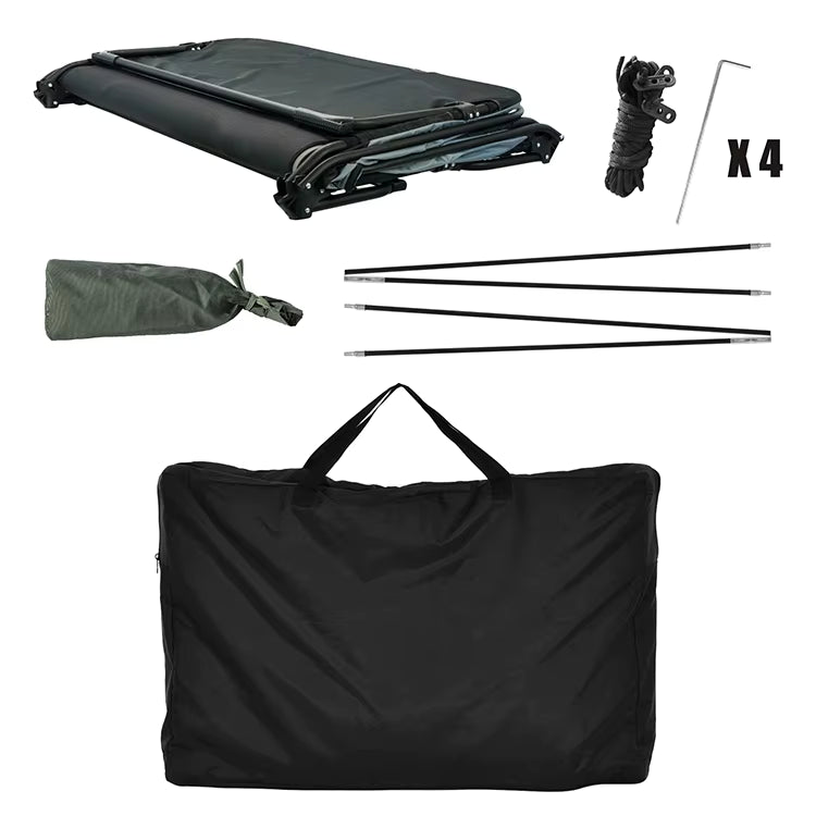 Le DUFFY Lit de camp 4 en 1 "CT-071" est un lit surélevé pour 1 à 2 personnes avec tente automatique à double-parois, fenêtres en maille, cadre métal noir, imperméable et conçu pour un camping 4 saisons.