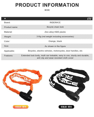Antivol de vélo haute sécurité à chaine avec 2 clés "RIDERACE - Chain lock" - Planète Rando