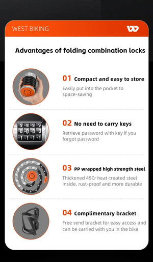 Antivol de vélo pliable à combinaison pour vélo électrique, VTC, VTT et gravel "WEST BIKING - PFL003" - Planète Rando