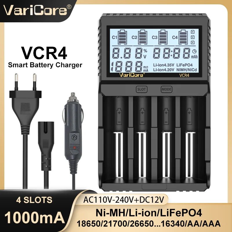 Chargeur intelligent avec écran LCD pour batteries Li - ion 3,7V / LiFePO4 3,2V / Ni - MH 1,2V "VariCore VCR4/P4" - Planète Rando